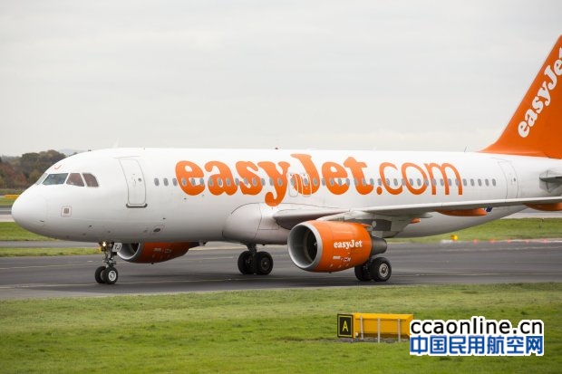 An Easyjet plane taxiing towards the runway at Manchester Airport, UK.
