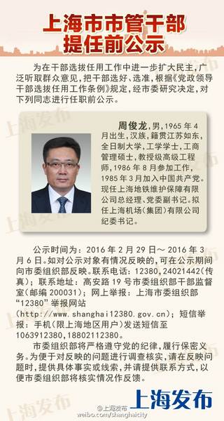 周俊龙拟任上海机场集团纪委书记 - 民用航空网