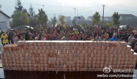 四川凉山州冕宁县复兴镇建设村召开2013年分红大会,分红现金达1311.5万元。重达312斤的人民币现金整齐地放在台上,340余户入股村民排队领钱,最多的一户领到了30万元,最少的也有近万元。有村民说,数钱数到手都软了 民航贫论:年终奖?呵呵呵呵呵呵呵呵呵呵呵呵呵